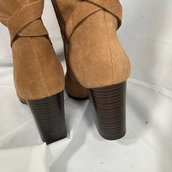 Sam Edelman Tan Suede OTK Boots 7 Leather Heel Wrap Strap Tall Zip Buckle - Picture 8 of 16